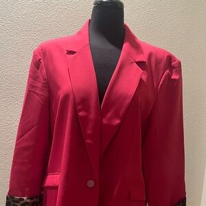 Elegant Hot Pink Women's Blazer with Leopard Cuffs and Lining